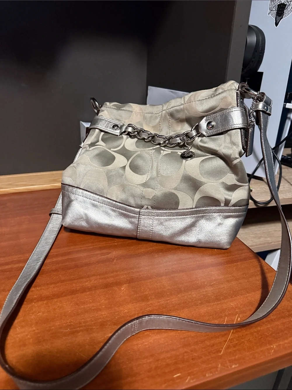 Coach Metallic Silver & Signature Jacquard Drawstring Shoulder Bag